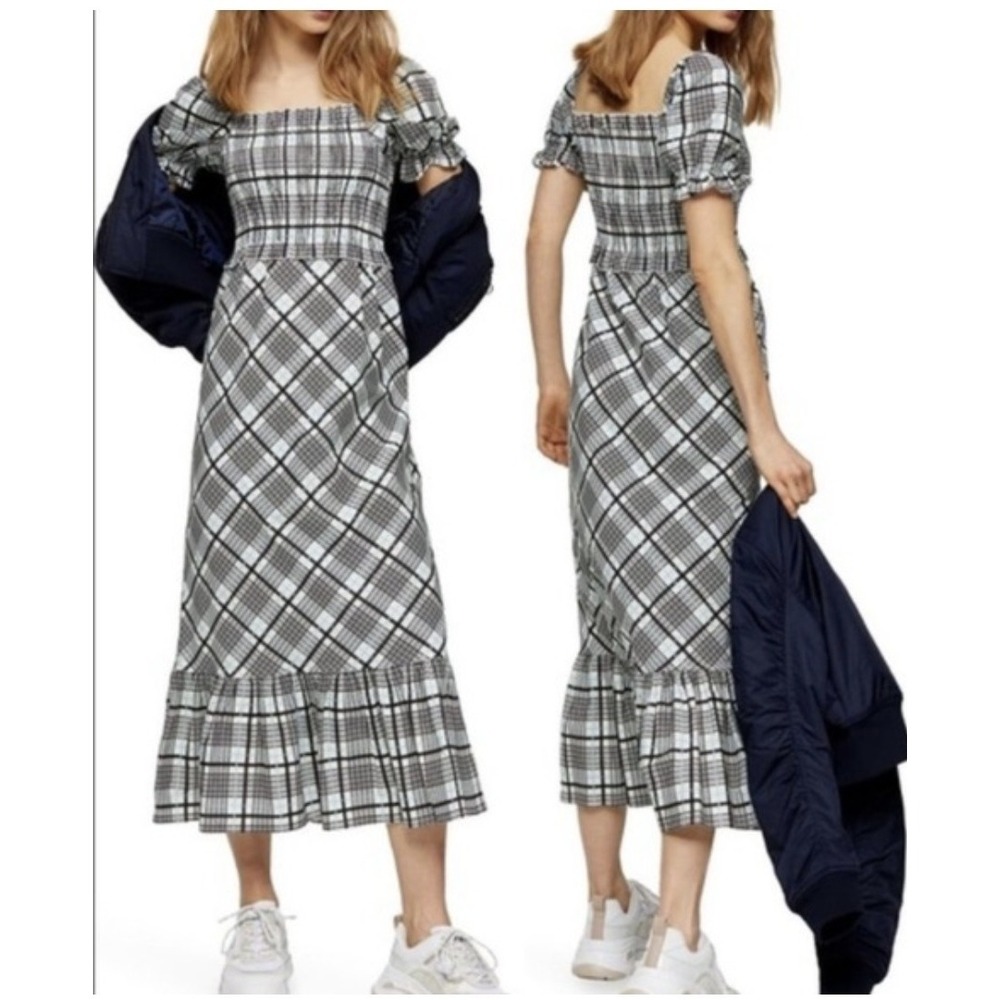 Topshop NWT US 4 Plaid Check Midi Dress Smocked Puff Sleeve Cottagecore